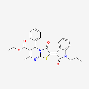 molecular formula C27H25N3O4S B11680922 ethyl (2Z)-7-methyl-3-oxo-2-(2-oxo-1-propyl-1,2-dihydro-3H-indol-3-ylidene)-5-phenyl-2,3-dihydro-5H-[1,3]thiazolo[3,2-a]pyrimidine-6-carboxylate 