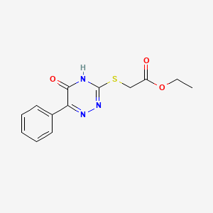 molecular formula C13H13N3O3S B11680945 (5-Oxo-6-phenyl-4,5-dihydro-[1,2,4]triazin-3-ylsulfanyl)-acetic acid ethyl ester 