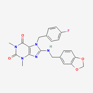 molecular formula C22H20FN5O4 B11681085 8-[(1,3-benzodioxol-5-ylmethyl)amino]-7-(4-fluorobenzyl)-1,3-dimethyl-3,7-dihydro-1H-purine-2,6-dione 