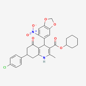 molecular formula C30H29ClN2O7 B11681132 Cyclohexyl 7-(4-chlorophenyl)-2-methyl-4-(6-nitro-1,3-benzodioxol-5-yl)-5-oxo-1,4,5,6,7,8-hexahydroquinoline-3-carboxylate 