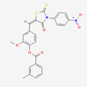 molecular formula C25H18N2O6S2 B11681167 2-methoxy-4-{(E)-[3-(4-nitrophenyl)-4-oxo-2-thioxo-1,3-thiazolidin-5-ylidene]methyl}phenyl 3-methylbenzoate 