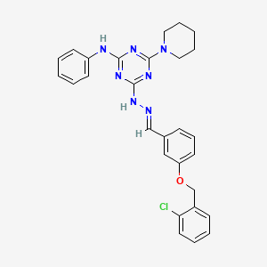 molecular formula C28H28ClN7O B11681189 4-[(2E)-2-{3-[(2-chlorobenzyl)oxy]benzylidene}hydrazinyl]-N-phenyl-6-(piperidin-1-yl)-1,3,5-triazin-2-amine 