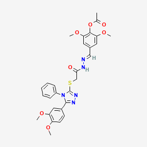 molecular formula C29H29N5O7S B11681215 4-{(E)-[2-({[5-(3,4-dimethoxyphenyl)-4-phenyl-4H-1,2,4-triazol-3-yl]sulfanyl}acetyl)hydrazinylidene]methyl}-2,6-dimethoxyphenyl acetate 