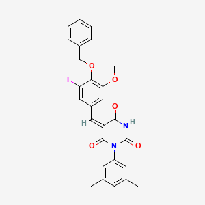 molecular formula C27H23IN2O5 B11681221 (5E)-5-[4-(benzyloxy)-3-iodo-5-methoxybenzylidene]-1-(3,5-dimethylphenyl)pyrimidine-2,4,6(1H,3H,5H)-trione 