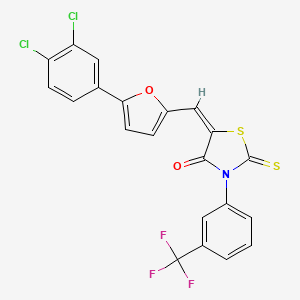 molecular formula C21H10Cl2F3NO2S2 B11681359 (5E)-5-{[5-(3,4-Dichlorophenyl)furan-2-YL]methylidene}-2-sulfanylidene-3-[3-(trifluoromethyl)phenyl]-1,3-thiazolidin-4-one 