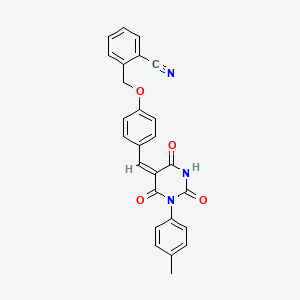 molecular formula C26H19N3O4 B11681371 2-[(4-{(E)-[1-(4-methylphenyl)-2,4,6-trioxotetrahydropyrimidin-5(2H)-ylidene]methyl}phenoxy)methyl]benzonitrile 