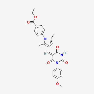 molecular formula C27H25N3O6 B11681405 ethyl 4-(3-{(E)-[1-(4-methoxyphenyl)-2,4,6-trioxotetrahydropyrimidin-5(2H)-ylidene]methyl}-2,5-dimethyl-1H-pyrrol-1-yl)benzoate 