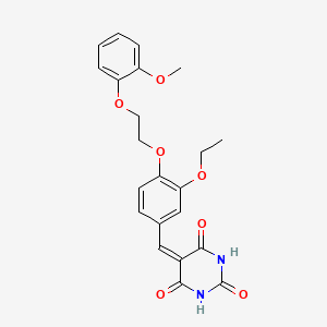 molecular formula C22H22N2O7 B11681419 5-({3-Ethoxy-4-[2-(2-methoxyphenoxy)ethoxy]phenyl}methylidene)-1,3-diazinane-2,4,6-trione 