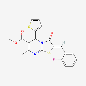 molecular formula C20H15FN2O3S2 B11681473 methyl (2Z)-2-(2-fluorobenzylidene)-7-methyl-3-oxo-5-(thiophen-2-yl)-2,3-dihydro-5H-[1,3]thiazolo[3,2-a]pyrimidine-6-carboxylate 