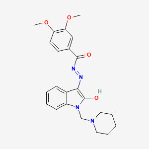 molecular formula C23H26N4O4 B11681650 3,4-dimethoxy-N'-[(3E)-2-oxo-1-(piperidin-1-ylmethyl)-1,2-dihydro-3H-indol-3-ylidene]benzohydrazide 