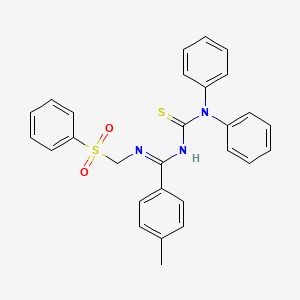 molecular formula C28H25N3O2S2 B11681726 (Z)-N'-(diphenylcarbamothioyl)-4-methyl-N-((phenylsulfonyl)methyl)benzimidamide 