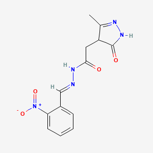 molecular formula C13H13N5O4 B11681830 2-(3-hydroxy-5-methyl-4H-pyrazol-4-yl)-N'-[(E)-(2-nitrophenyl)methylidene]acetohydrazide 