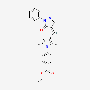 molecular formula C26H25N3O3 B11681933 ethyl 4-{2,5-dimethyl-3-[(Z)-(3-methyl-5-oxo-1-phenyl-1,5-dihydro-4H-pyrazol-4-ylidene)methyl]-1H-pyrrol-1-yl}benzoate 