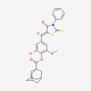 molecular formula C28H26BrNO4S2 B11682008 2-bromo-6-methoxy-4-[(Z)-(4-oxo-3-phenyl-2-thioxo-1,3-thiazolidin-5-ylidene)methyl]phenyl tricyclo[3.3.1.1~3,7~]decane-1-carboxylate 