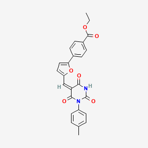 molecular formula C25H20N2O6 B11682153 ethyl 4-(5-{(E)-[1-(4-methylphenyl)-2,4,6-trioxotetrahydropyrimidin-5(2H)-ylidene]methyl}furan-2-yl)benzoate 