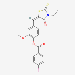 molecular formula C20H16FNO4S2 B11682184 4-[(E)-(3-ethyl-4-oxo-2-thioxo-1,3-thiazolidin-5-ylidene)methyl]-2-methoxyphenyl 4-fluorobenzoate 