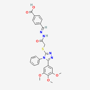 molecular formula C27H25N5O6S B11682278 4-{(E)-[2-({[4-phenyl-5-(3,4,5-trimethoxyphenyl)-4H-1,2,4-triazol-3-yl]sulfanyl}acetyl)hydrazinylidene]methyl}benzoic acid 