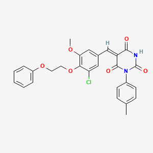 molecular formula C27H23ClN2O6 B11682413 (5Z)-5-{[3-Chloro-5-methoxy-4-(2-phenoxyethoxy)phenyl]methylidene}-1-(4-methylphenyl)-1,3-diazinane-2,4,6-trione 