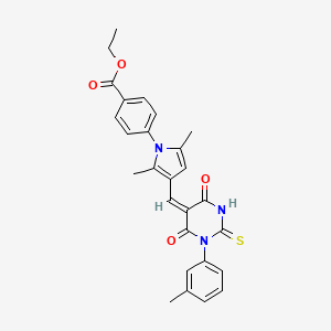 molecular formula C27H25N3O4S B11682431 ethyl 4-(2,5-dimethyl-3-{(E)-[1-(3-methylphenyl)-4,6-dioxo-2-thioxotetrahydropyrimidin-5(2H)-ylidene]methyl}-1H-pyrrol-1-yl)benzoate 