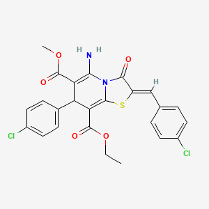 molecular formula C25H20Cl2N2O5S B11682846 8-ethyl 6-methyl (2Z)-5-amino-2-(4-chlorobenzylidene)-7-(4-chlorophenyl)-3-oxo-2,3-dihydro-7H-[1,3]thiazolo[3,2-a]pyridine-6,8-dicarboxylate 