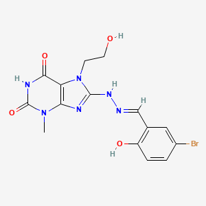 molecular formula C15H15BrN6O4 B11682966 (E)-8-(2-(5-bromo-2-hydroxybenzylidene)hydrazinyl)-7-(2-hydroxyethyl)-3-methyl-1H-purine-2,6(3H,7H)-dione 