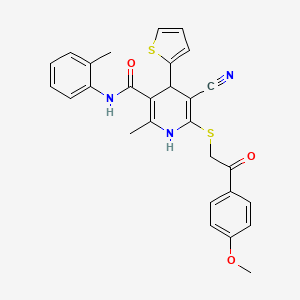 molecular formula C28H25N3O3S2 B11683057 5-cyano-6-{[2-(4-methoxyphenyl)-2-oxoethyl]sulfanyl}-2-methyl-N-(2-methylphenyl)-4-(thiophen-2-yl)-1,4-dihydropyridine-3-carboxamide 