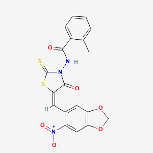 molecular formula C19H13N3O6S2 B11683137 2-methyl-N-{(5E)-5-[(6-nitro-1,3-benzodioxol-5-yl)methylidene]-4-oxo-2-thioxo-1,3-thiazolidin-3-yl}benzamide 