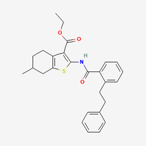 molecular formula C27H29NO3S B11683199 Ethyl 6-methyl-2-({[2-(2-phenylethyl)phenyl]carbonyl}amino)-4,5,6,7-tetrahydro-1-benzothiophene-3-carboxylate 