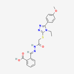 molecular formula C21H21N5O4S B11683280 2-{(E)-[({[4-ethyl-5-(4-methoxyphenyl)-4H-1,2,4-triazol-3-yl]thio}acetyl)hydrazono]methyl}benzoic acid 