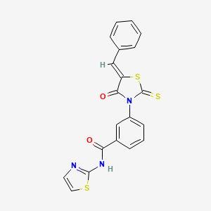 molecular formula C20H13N3O2S3 B11683486 3-[(5Z)-5-benzylidene-4-oxo-2-thioxo-1,3-thiazolidin-3-yl]-N-(1,3-thiazol-2-yl)benzamide 