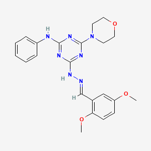 molecular formula C22H25N7O3 B11683527 4-[(2E)-2-(2,5-dimethoxybenzylidene)hydrazinyl]-6-(morpholin-4-yl)-N-phenyl-1,3,5-triazin-2-amine 