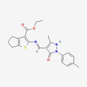 molecular formula C22H23N3O3S B11683532 ethyl 2-({[3-methyl-1-(4-methylphenyl)-5-oxo-1,5-dihydro-4H-pyrazol-4-ylidene]methyl}amino)-5,6-dihydro-4H-cyclopenta[b]thiophene-3-carboxylate 