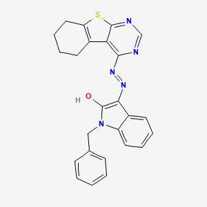 molecular formula C25H21N5OS B11683665 (3E)-1-benzyl-3-[2-(5,6,7,8-tetrahydro[1]benzothieno[2,3-d]pyrimidin-4-yl)hydrazinylidene]-1,3-dihydro-2H-indol-2-one 