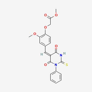 molecular formula C21H18N2O6S B11684075 methyl {4-[(E)-(4,6-dioxo-1-phenyl-2-thioxotetrahydropyrimidin-5(2H)-ylidene)methyl]-2-methoxyphenoxy}acetate 