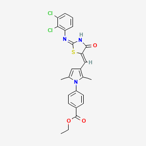 molecular formula C25H21Cl2N3O3S B11684172 ethyl 4-{3-[(Z)-{(2E)-2-[(2,3-dichlorophenyl)imino]-4-oxo-1,3-thiazolidin-5-ylidene}methyl]-2,5-dimethyl-1H-pyrrol-1-yl}benzoate 