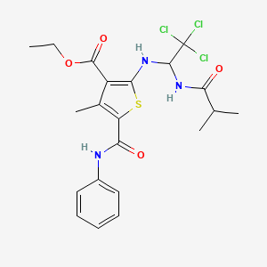 molecular formula C21H24Cl3N3O4S B11684263 Ethyl 5-(anilinocarbonyl)-4-methyl-2-{[2,2,2-trichloro-1-(isobutyrylamino)ethyl]amino}-3-thiophenecarboxylate CAS No. 303092-60-6