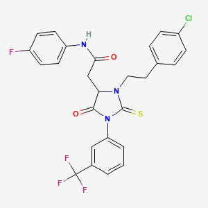 molecular formula C26H20ClF4N3O2S B11684733 2-{3-[2-(4-chlorophenyl)ethyl]-5-oxo-2-thioxo-1-[3-(trifluoromethyl)phenyl]imidazolidin-4-yl}-N-(4-fluorophenyl)acetamide 