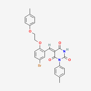 molecular formula C27H23BrN2O5 B11684779 (5Z)-5-({5-Bromo-2-[2-(4-methylphenoxy)ethoxy]phenyl}methylidene)-1-(4-methylphenyl)-1,3-diazinane-2,4,6-trione 