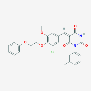 molecular formula C28H25ClN2O6 B11685191 (5Z)-5-({3-Chloro-5-methoxy-4-[2-(2-methylphenoxy)ethoxy]phenyl}methylidene)-1-(3-methylphenyl)-1,3-diazinane-2,4,6-trione 