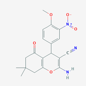 molecular formula C19H19N3O5 B11685382 2-amino-4-(4-methoxy-3-nitrophenyl)-7,7-dimethyl-5-oxo-5,6,7,8-tetrahydro-4H-chromene-3-carbonitrile 