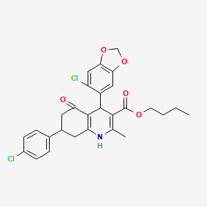 molecular formula C28H27Cl2NO5 B11685442 Butyl 4-(6-chloro-1,3-benzodioxol-5-yl)-7-(4-chlorophenyl)-2-methyl-5-oxo-1,4,5,6,7,8-hexahydroquinoline-3-carboxylate 