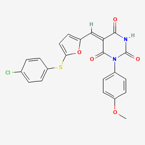 molecular formula C22H15ClN2O5S B11685501 (5Z)-5-({5-[(4-chlorophenyl)sulfanyl]furan-2-yl}methylidene)-1-(4-methoxyphenyl)pyrimidine-2,4,6(1H,3H,5H)-trione 