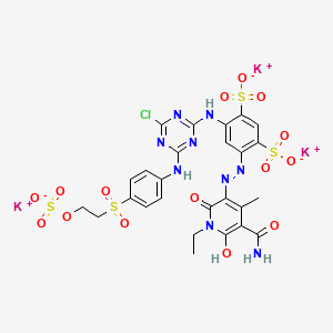 molecular formula C26H23ClK3N9O15S4 B1168554 1,3-Benzenedisulfonic acid, 4-((5-(aminocarbonyl)-1-ethyl-1,6-dihydro-2-hydroxy-4-methyl-6-oxo-3-pyridinyl)azo)-6-((4-chloro-6-((4-((2-(sulfooxy)ethyl)sulfonyl)phenyl)amino)-1,3,5-triazin-2-yl)amino)-, tripotassium salt CAS No. 111211-44-0