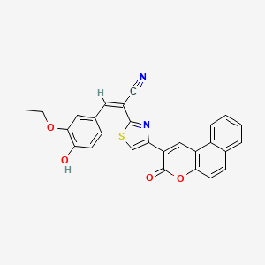 molecular formula C27H18N2O4S B11685697 (2Z)-3-(3-Ethoxy-4-hydroxyphenyl)-2-(4-{3-oxo-3H-benzo[F]chromen-2-YL}-1,3-thiazol-2-YL)prop-2-enenitrile 