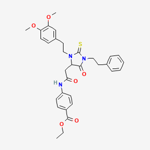 Ethyl 4-[({3-[2-(3,4-dimethoxyphenyl)ethyl]-5-oxo-1-(2-phenylethyl)-2-thioxoimidazolidin-4-yl}acetyl)amino]benzoate