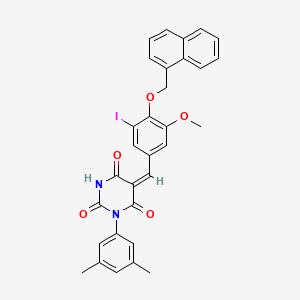 molecular formula C31H25IN2O5 B11685906 (5E)-1-(3,5-dimethylphenyl)-5-[3-iodo-5-methoxy-4-(naphthalen-1-ylmethoxy)benzylidene]pyrimidine-2,4,6(1H,3H,5H)-trione 