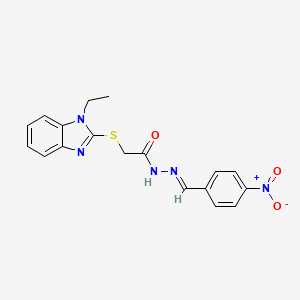 molecular formula C18H17N5O3S B11686151 2-[(1-ethyl-1H-benzimidazol-2-yl)sulfanyl]-N'-[(E)-(4-nitrophenyl)methylidene]acetohydrazide 