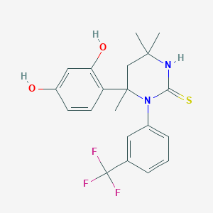 molecular formula C20H21F3N2O2S B11686166 6-(2,4-Dihydroxyphenyl)-4,4,6-trimethyl-1-[3-(trifluoromethyl)phenyl]-1,3-diazinane-2-thione 