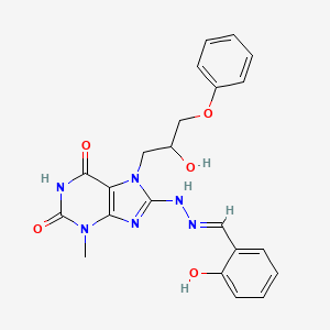 molecular formula C22H22N6O5 B11686206 8-[(2E)-2-(2-hydroxybenzylidene)hydrazinyl]-7-(2-hydroxy-3-phenoxypropyl)-3-methyl-3,7-dihydro-1H-purine-2,6-dione 