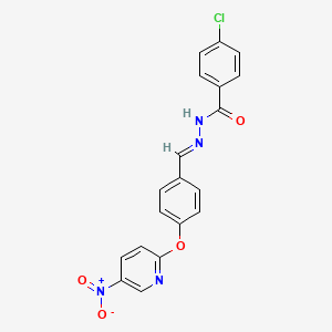 molecular formula C19H13ClN4O4 B11686243 4-chloro-N'-[(E)-{4-[(5-nitropyridin-2-yl)oxy]phenyl}methylidene]benzohydrazide 